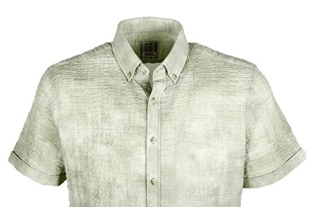 Erkek Haki Gofre Kumaş Slim Fit Dar Kesim Düğme Yaka Kısa Kol Gömlek Jeans 7232