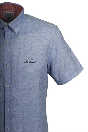 Erkek Mavi Kısa Kol Yazlık Gömlek Slim Fit Düğme Yaka Pamuklu İnce Kumaş JEANS 7174 SHİRT