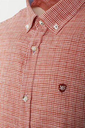 Erkek Kiremit Kısa Kol Yazlık Gömlek Ekoseli Slim Fit Düğme Yaka Pamuklu İnce Kumaş JEANS 7168
