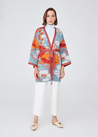 Peraluna Çicek Desenli Bol Kesim Pamuklu Kadın Triko Kimono Çok Renkli