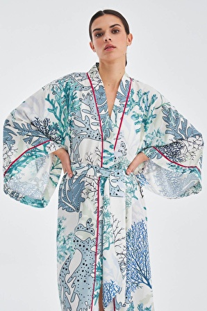 Peraluna NILA KIMONO Desenli Yazlık Mat Dokulu 120 CM Yazlık Kadın Kimono Yeşil/Ekru