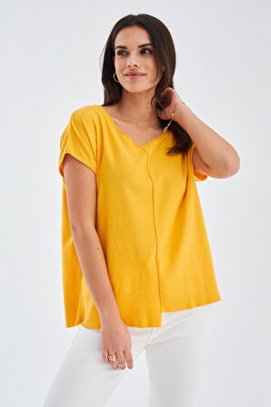 Peraluna İnce Bol Kesim Kolsuz %100 Pamuk Kadın Triko Bluz Sarı