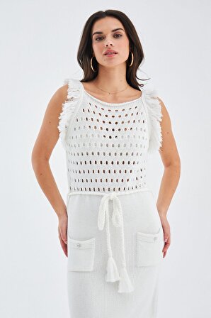 Peraluna MIYOKI DRESS %100 Pamuk Diz Hizası Yazlık Kadın Triko Elbise Kırık Beyaz