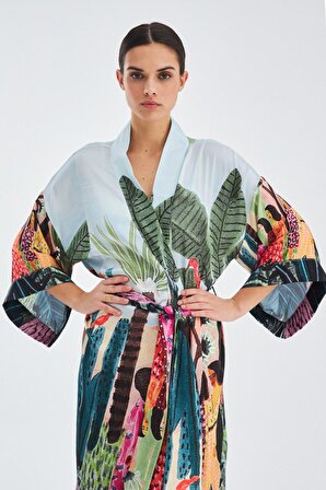 Peraluna KAURİ Tropik Desenli Bilek Hizası Saten Kadın Kimono Çok Renkli