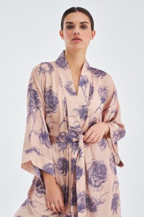 Peraluna ROSA Gül Desenli Diz Hizası Saten Kadın Kimono Koyu Pudra/Mor