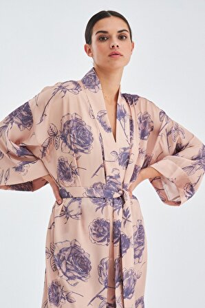 Peraluna ROSA Gül Desenli Diz Hizası Saten Kadın Kimono Koyu Pudra/Mor
