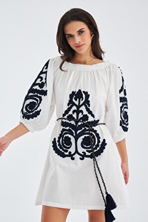 Peraluna MASUMI DRESS %100 Pamuk Diz Hizası Yazlık Kadın Elbise Beyaz/Lacivert