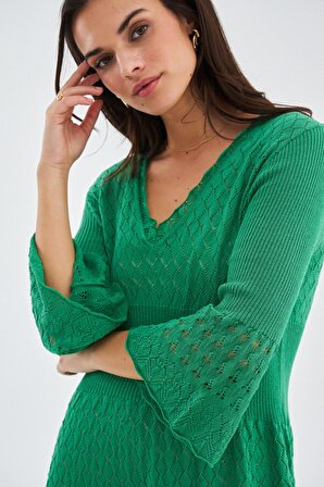 Peraluna YOHO DRESS Ajurlu V Yaka Diz Hizası Yazlık Kadın Triko Elbise Çimen Yeşili