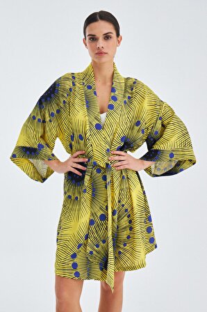 Peraluna AURA Geometrik Desenli Diz Hizası Saten Kadın Kimono Sarı/Mavi