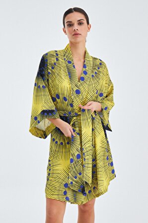 Peraluna AURA Geometrik Desenli Diz Hizası Saten Kadın Kimono Sarı/Mavi