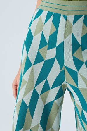 Peraluna LENA TROUSER %100 Pamuk Geometrik Retro Desenli Kadın Triko Pantolon Multi Yeşil