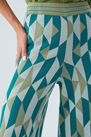 Peraluna LENA TROUSER %100 Pamuk Geometrik Retro Desenli Kadın Triko Pantolon Multi Yeşil