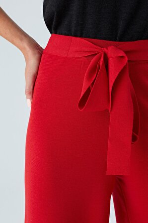 Peraluna Boru Paça Yüksek Bel Kadın Triko Pantolon Kırmızı