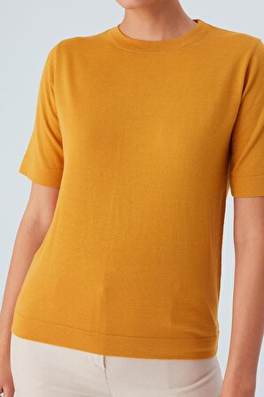 Peraluna TRINE TSHİRT O Yaka Merino Yün Basic Kısa Kol İnce Kadın Triko Tişört Sarı