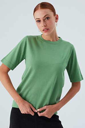 Peraluna TRINE TSHİRT O Yaka Merino Yün Basic Kısa Kol İnce Kadın Triko Tişört Yeşil