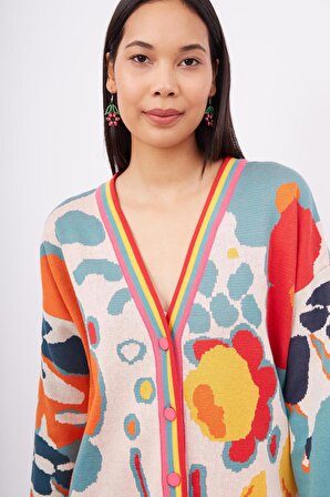 Peraluna SUNLIGHT CARDIGAN Çok Renkli Çiçek Jakar Desenli Bol Kesim Kadın Triko Hırka - Çok Renkli
