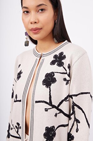 Peraluna LADY SAKURA JACKET Sakura Desen Komfort Fit Kadın Triko Ceket - Bej