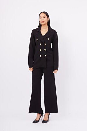 Styleboom X Peraluna KATHERINE BLAZER Çelik Örgü Klasik Kesim Düğmeli Blazer Kadın Triko Ceket - Siyah