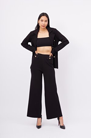 Styleboom X Peraluna MARLENE TROUSER Düğme Detaylı Rahat Kesim Kadın Triko Pantolon - Siyah