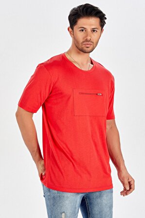 Peraluna Ön Orta Fermuarlı Düz Kesim Kırmızı Erkek T-Shirt