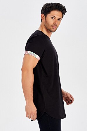Peraluna Kol Ucu Desenli Uzun Siyah Pamuklu T-Shirt