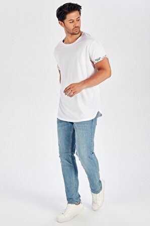 Peraluna Kol Ucu Desenli Uzun Beyaz Pamuklu T-Shirt