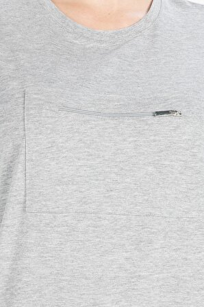 Peraluna Göğüs Fermuarlı Düz Kesim Pamuklu Kadın Açık Gri T-Shirt