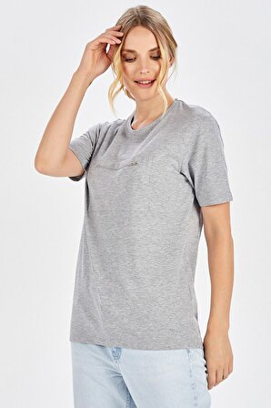 Peraluna Göğüs Fermuarlı Düz Kesim Pamuklu Kadın Açık Gri T-Shirt