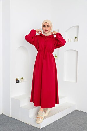 Kapüşonlu Elbise Kırmızı