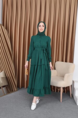 Lena Fırfırlı Keten Elbise Zümrüt Yeşili