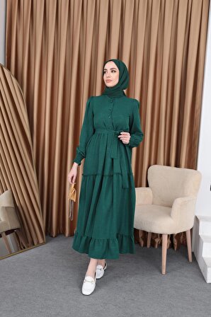 Lena Fırfırlı Keten Elbise Zümrüt Yeşili