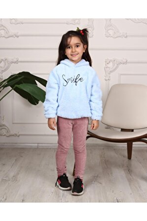 Kız Çocuk Smile Nakışlı Kapüşonlu Peluş Sweatshirt