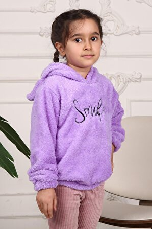 Kız Çocuk Smile Nakışlı Kapüşonlu Peluş Sweatshirt