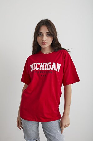 Kadın Pembe Michigan Baskılı Oversize T-shirt