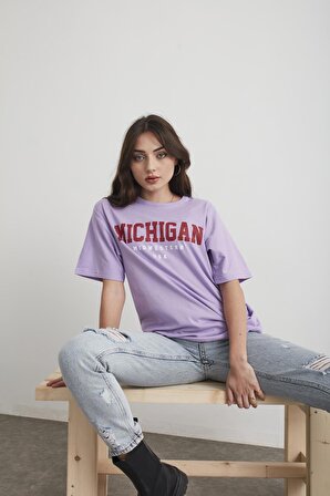 Kadın Pembe Michigan Baskılı Oversize T-shirt