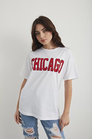 Kadın Lacivert Chicago Baskılı Oversize T-shirt