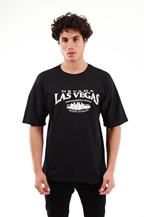 Unisex Oversize Las Vegas Baskılı Siyah T-shirt