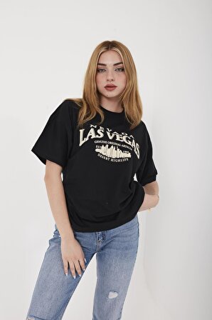 Unisex Oversize Las Vegas Baskılı Siyah T-shirt
