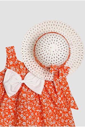 Bebek Elbisesi Şapkalı Çiçek Desenli Elbise
