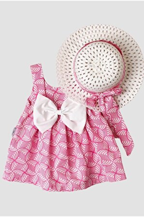 Bebek Elbisesi Şapkalı Desenli Askılı 2’li Kız Bebek Elbisesi