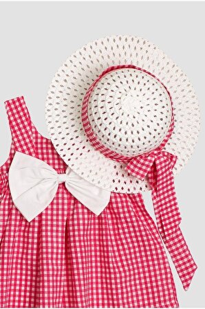 Şapkalı Kareli Askılı 2’li Kız Bebek Elbisesi