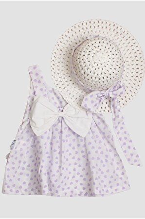 Şapkalı Kalpli Fiyonklu Kız Bebek Elbisesi