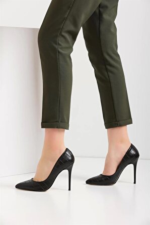 Kadın Klasik Topuklu Ayakkabı 7040 - Siyah Kroko