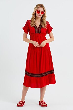 Şeritli Kırmızı Elbise 2874 