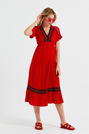 Şeritli Kırmızı Elbise 2874 