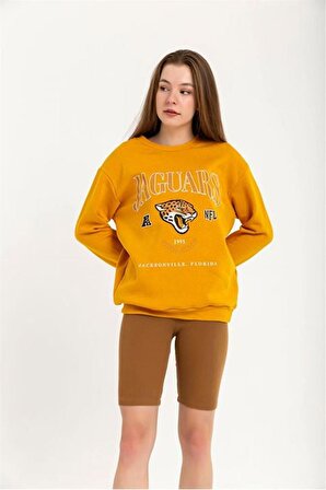 Şardonlu 3 İplik Kumaş Rahat Kalıp Jaguars Baskılı Kadın Sweatshirt-Hardal