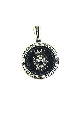 Aslan Figürlü Oniks taşlı 925ayar gümüş Tasarım Madalyon Kolye Ucu 