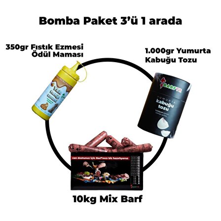 Bomba Paketi 10 Kg Mix Barf Köpek Maması, 350 Gr Fıstık Ezmesi Ödül Maması,1000 Gr Yumurta Kabuğu Tozu./3'ü Bir Arada
