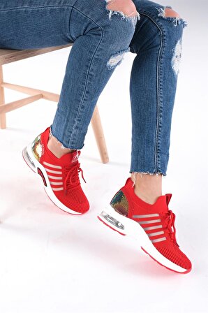 Kadın Triko Bağcıklı Spor Ayakkabı Kırmızı