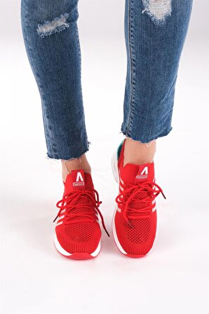 Kadın Triko Bağcıklı Spor Ayakkabı Kırmızı